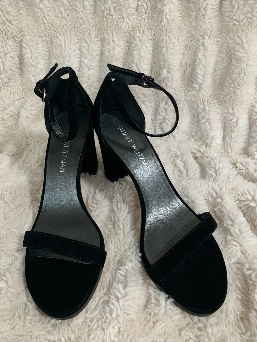 Stuart Weitzman Nearlynude Black Suede Open Toe Block Heels Shoe Size 8.5